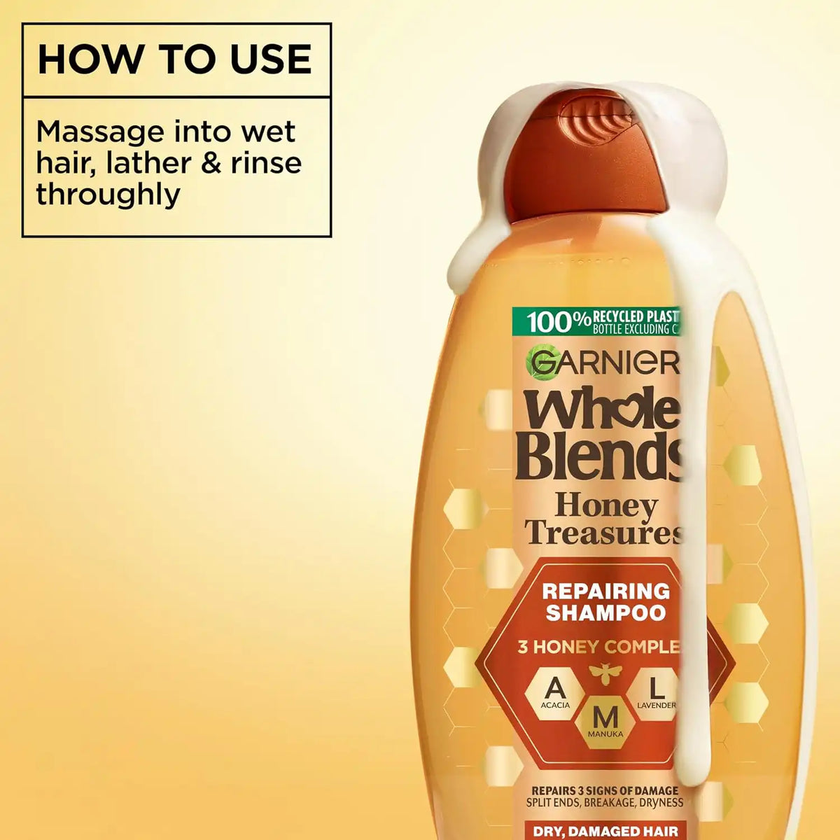 Garnier Whole Blends Honey Treasures Repairing Shampoo, Conditioner + Miracle Nectar Leave-In Set for Dry, Damaged Hair (3 Items), 1 Kit (Packaging May Vary)
