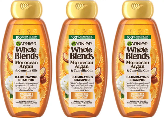 Garnier Whole Blends Moroccan Argan & Camellia Oils Illuminating Shampoo for Silky Shine, 12.5 Fl Oz, 3 Count (Packaging May Vary)
