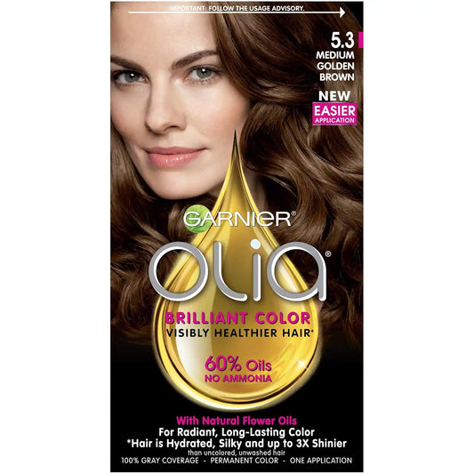 Garnier Olia Ammonia-Free Brilliant Color Oil-Rich Permanent Hair Color, 5.3 Medium Golden Brown (Pack of 1) Brown Hair Dye (Packaging May Vary)