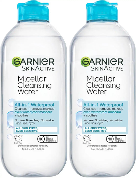 Garnier Micellar Water for Waterproof Makeup, Hydrating Facial Cleanser & Makeup Remover, Suitable for Sensitive Skin, Vegan, Cruelty Free, 13.5 Fl Oz (400mL), 2 Count