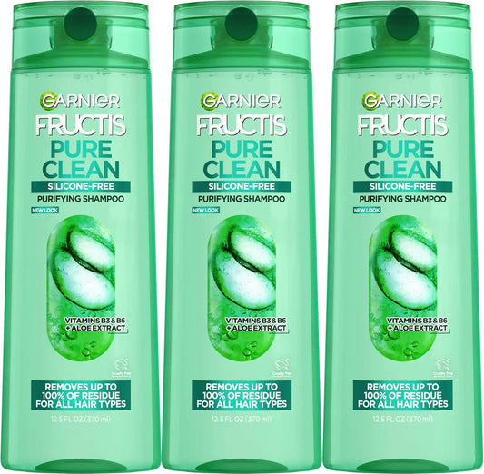 Garnier Fructis Pure Clean Purifying Shampoo, Silicone-Free, 12.5 Fl Oz, 3 Count (Packaging May Vary)