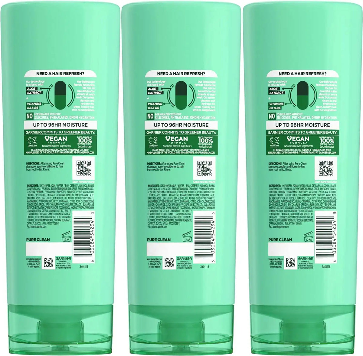 Garnier Fructis Pure Clean Hydrating Conditioner, 12 Fl Oz, 3 Count (Packaging May Vary)