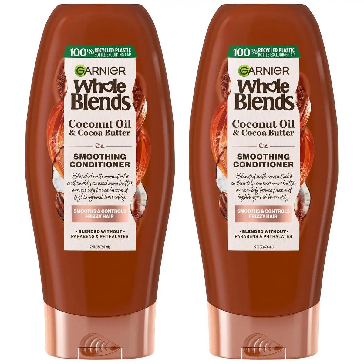 Garnier Whole Blends Smoothing Conditioner with Coconut Oil & Cocoa Butter for Frizzy Hair, Provides Up to 24 Hours of Anti-Frizz, Humidity Control and Smoothness, Vegan Formula, 22 fl oz, 2 Count