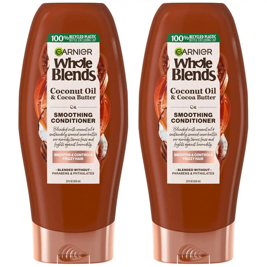 Garnier Whole Blends Smoothing Conditioner with Coconut Oil & Cocoa Butter for Frizzy Hair, Provides Up to 24 Hours of Anti-Frizz, Humidity Control and Smoothness, Vegan Formula, 22 fl oz, 2 Count