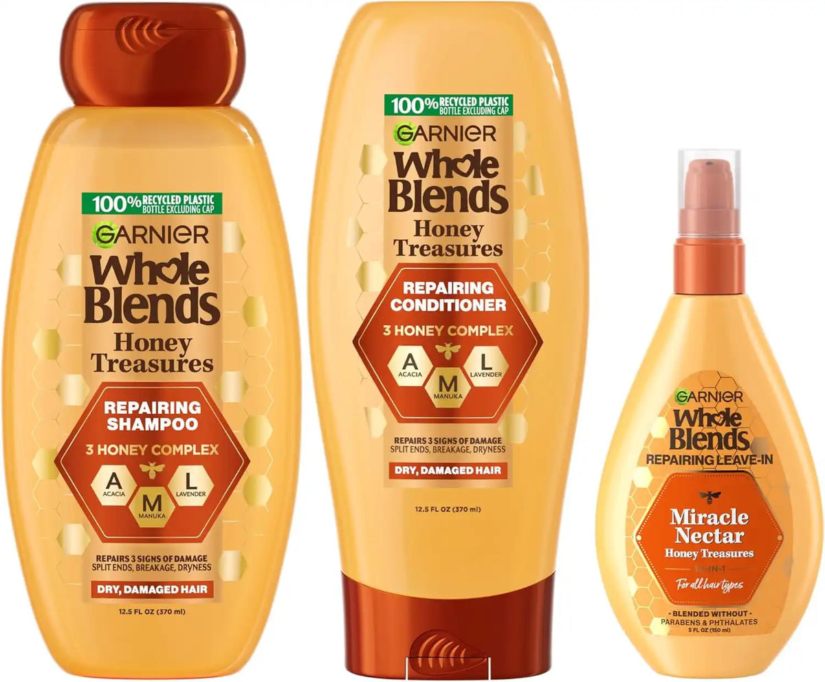 Garnier Whole Blends Honey Treasures Repairing Shampoo, Conditioner + Miracle Nectar Leave-In Set for Dry, Damaged Hair (3 Items), 1 Kit (Packaging May Vary)