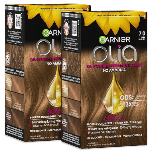 Garnier Olia Hair Color, Ammonia-Free Permanent Hair Dye, Oil-Powered Formula for 100% Gray Coverage and 3x Shinier Hair, Vegan & Cruelty Free, 7.0 Dark Blonde, 2 Count