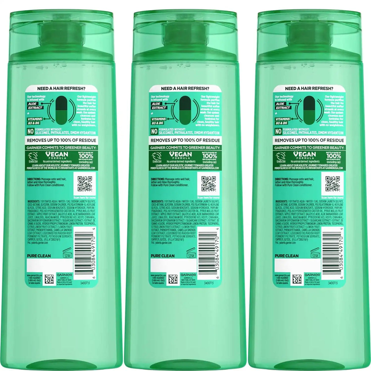 Garnier Fructis Pure Clean Purifying Shampoo, Silicone-Free, 12.5 Fl Oz, 3 Count (Packaging May Vary)