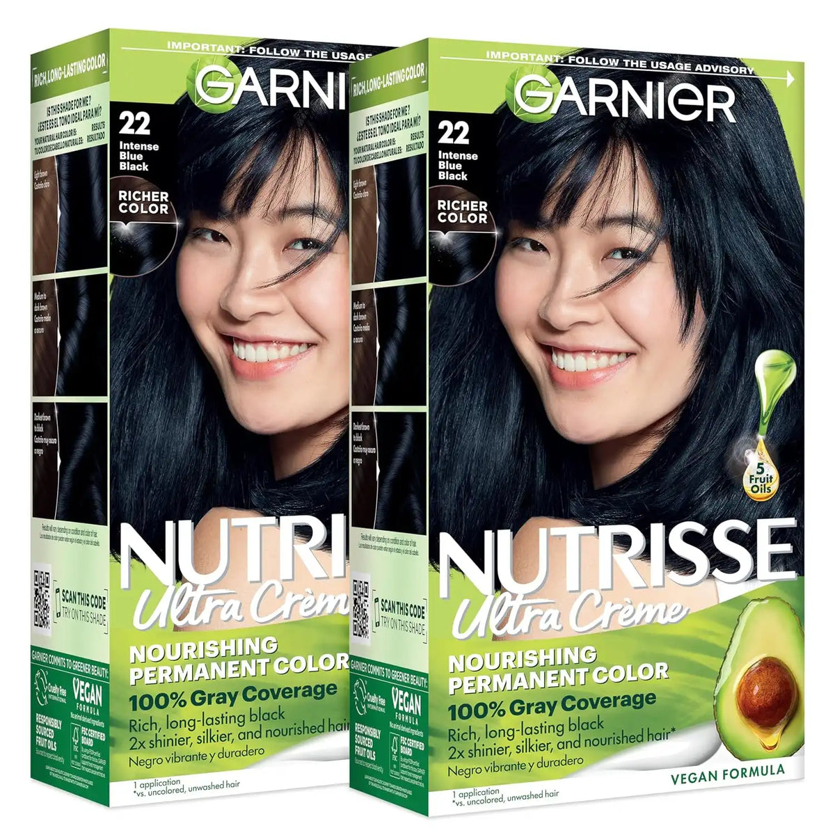 Garnier Nutrisse Ultra Crème Hair Color, 22 Intense Blue Black, 2 Count