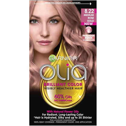 Garnier Olia Ammonia-Free Brilliant Color Oil-Rich Permanent Hair Color, 8.22 Medium Rose Gold (Pack of 1) Pink Hair Dye (Packaging May Vary)