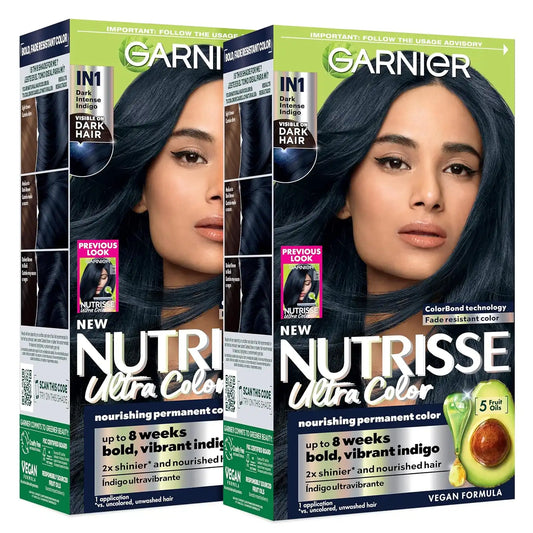 Garnier Hair Color Nutrisse Ultra Color Nourishing Creme, IN1 Dark Intense Indigo (Midnight Iris) Blue Permanent Hair Dye, 1 Count (Packaging May Vary) (Pack of 2)
