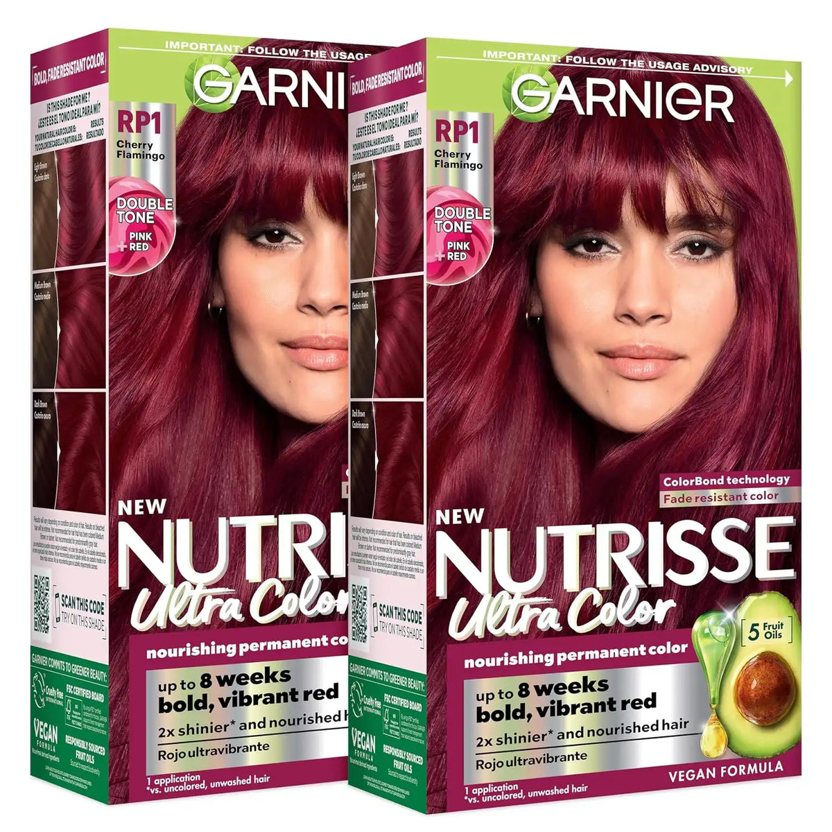 Garnier Nutrisse Ultra Color Hair Color, Permanent Hair Dye for Up to 8 Weeks of Bold, Vibrant, Fade-Resistant Results, Vegan & Cruelty-Free, RP1 Dark Intense Pink Red (Cherry Flamingo), 2 Count