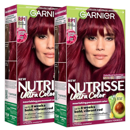 Garnier Nutrisse Ultra Color Hair Color, Permanent Hair Dye for Up to 8 Weeks of Bold, Vibrant, Fade-Resistant Results, Vegan & Cruelty-Free, RP1 Dark Intense Pink Red (Cherry Flamingo), 2 Count
