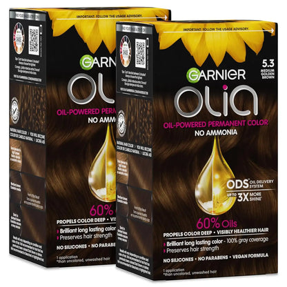 Garnier Olia Hair Color, Ammonia-Free Permanent Hair Dye, Oil-Powered Formula for 100% Gray Coverage and 3x Shinier Hair, Vegan & Cruelty Free, 5.3 Medium Golden Brown, 2 Count