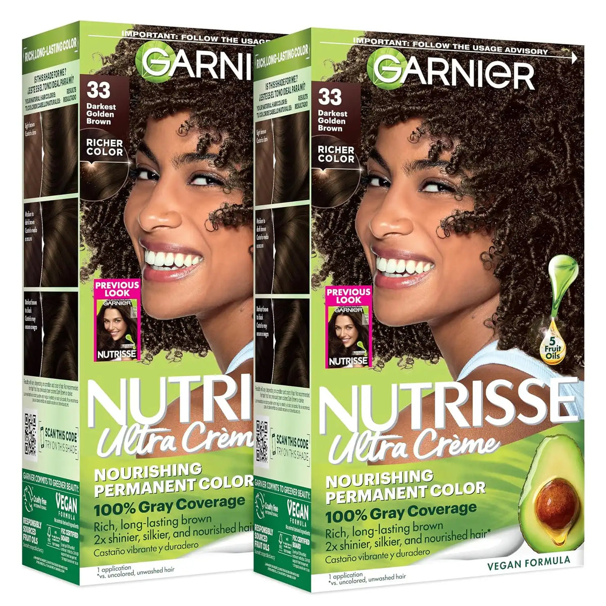 Garnier Nutrisse Ultra Crème Hair Color, 33 Darkest Golden Brown, 2 Count