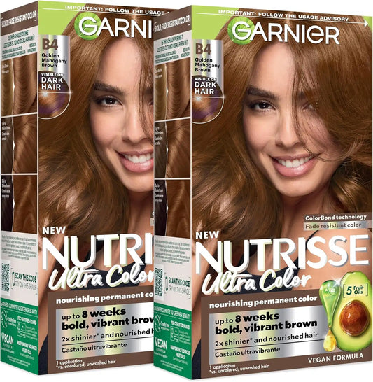 Garnier Hair Color Nutrisse Ultra Color Nourishing Creme, B4 Golden Mahogany Brown (Caramel Chocolate) Permanent Hair Dye, 2 Count (Packaging May Vary)