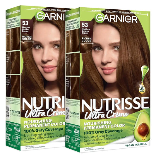 Garnier Nutrisse Ultra Crème Hair Color, Permanent Hair Dye with 100% Gray Coverage, Vegan & Cruelty-Free, 53 Medium Golden Brown (Chestnut), 2 Count